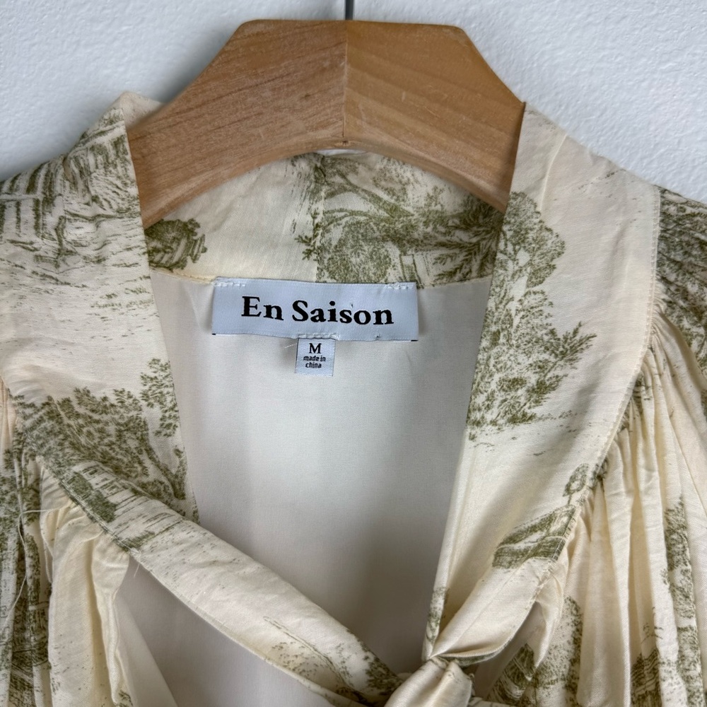 En Saison Cream Olive Leighton Toile Minidress Printed Long Sleeve Size Medium - Picture 15 of 16
